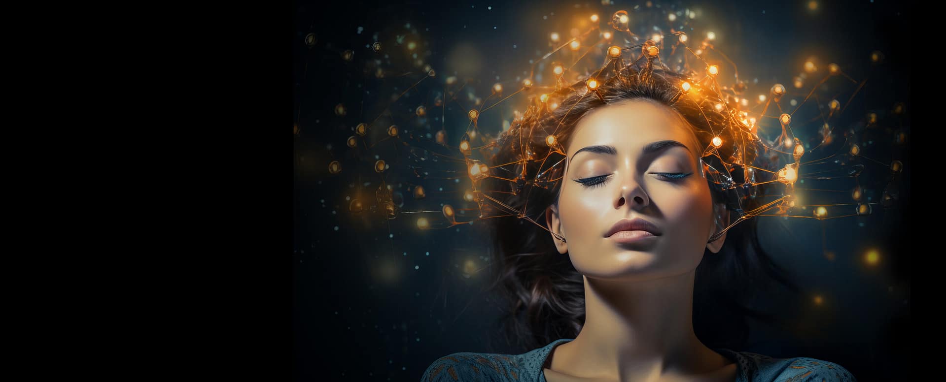 A serene woman with closed eyes surrounded by glowing golden particles.