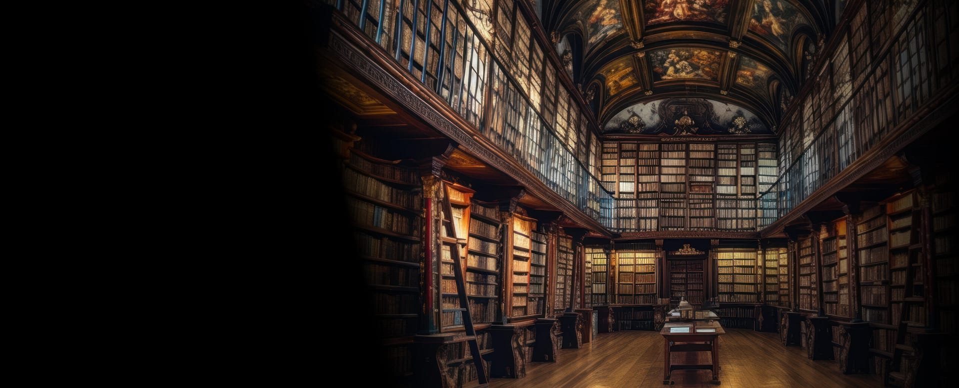 Dimly lit historic library with wooden shelves and ladders.