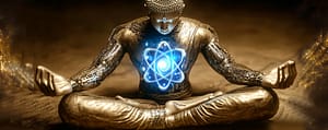 Golden Buddha statue with a glowing atomic symbol on its chest.