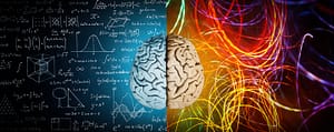 Half brain split between scientific equations and colorful abstract art.