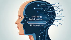Profile of a human with a digital brain updating belief systems.